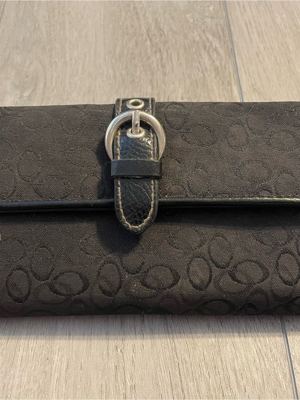 Classic Black Signature-Pattern Wallet Clutch with Silver Buckle